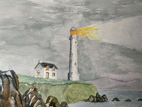 A painting of a lighthouse with a small cottage beside it, set on a grassy bluff with rocks and the sea shown beneath and off to one side