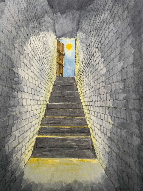 A series of steps going up a brick corridor to a door at the top where the sun can be seen outside