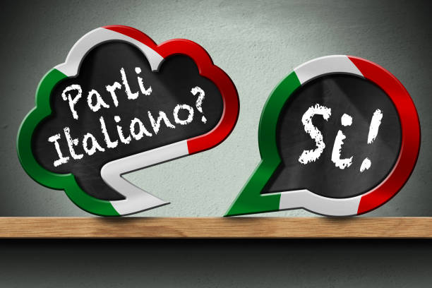 3D illustration of two speech bubbles with Italian flag and question Parli Italiano? and Si! (Do you speak Italian? and Yes!). On a wooden shelf with a wall on background.