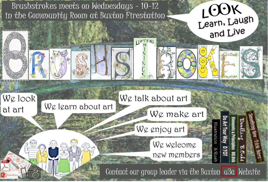 A poster of artwork showing that the Brushstrokes group look at, learn about, talk about, make and enjoy Art. They welcome new members