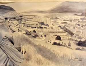 Sepia painting of a man looking out over a small town with rows of terraced houses. Painted by Janette Sykes in November 2023