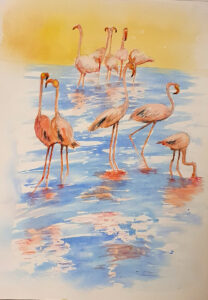 Painting of 10 flamingoes standing in blue water under a yellow sky